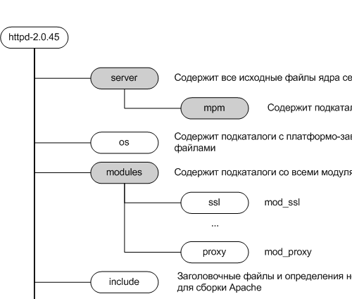 Рисунок 4.2: Структура каталогов исходного кода Apache 2.0.45